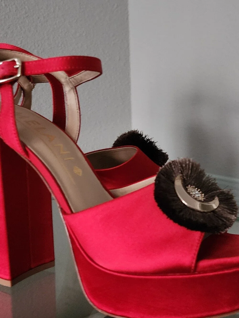 Melani Red Velvet Platform Sandals with Decorative Fringe
